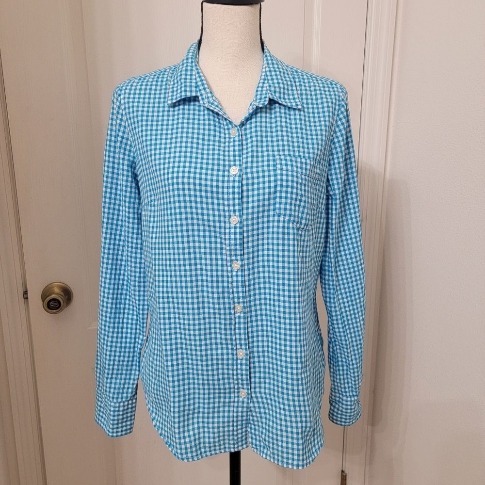 Ellen Tracy Size M Blue & White Gingham Long Sleeve Button Down Shirt, EUC